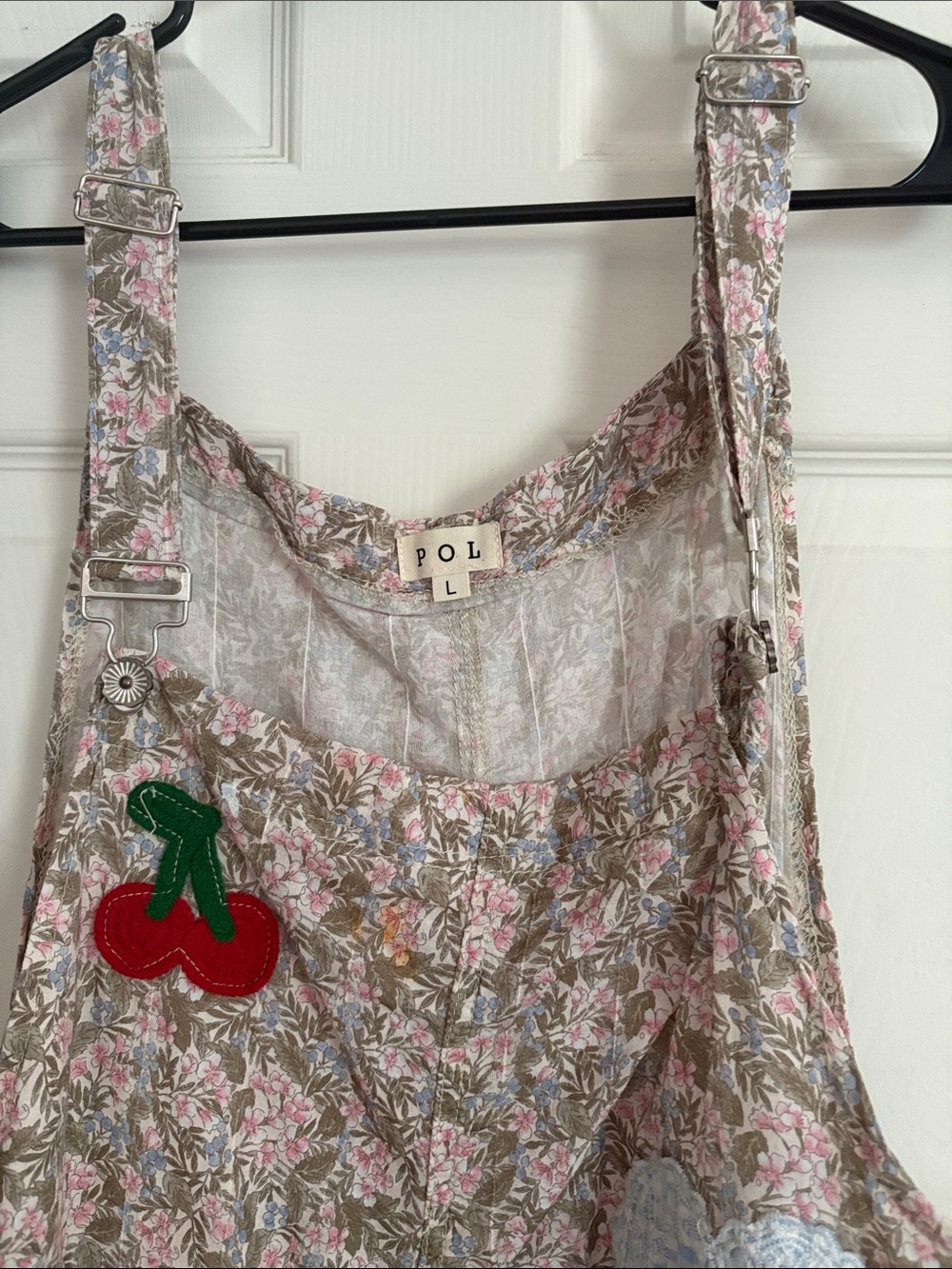 POL Floral Cherry Patch Overall Dress - Pink & Olive